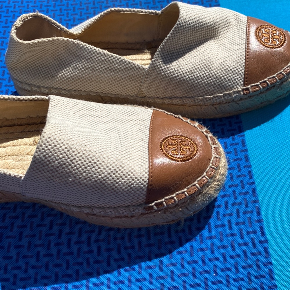Beige and Brown Tory Birch Espadrille Flats